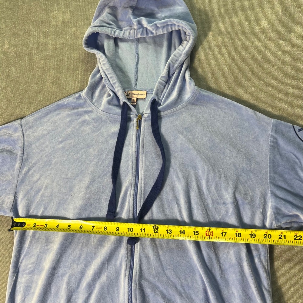 Juicy Couture Velour Short Sleeve Hoodie Blue Rhinestone Logo Zip Up Small - Picture 3 of 8